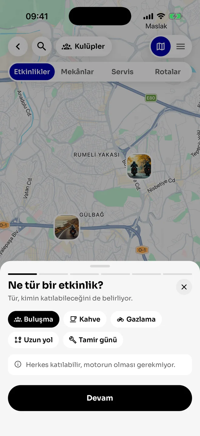 Etkinlik oluşturma: buluşma, kahve, gazlama, uzun yol, tamir günü