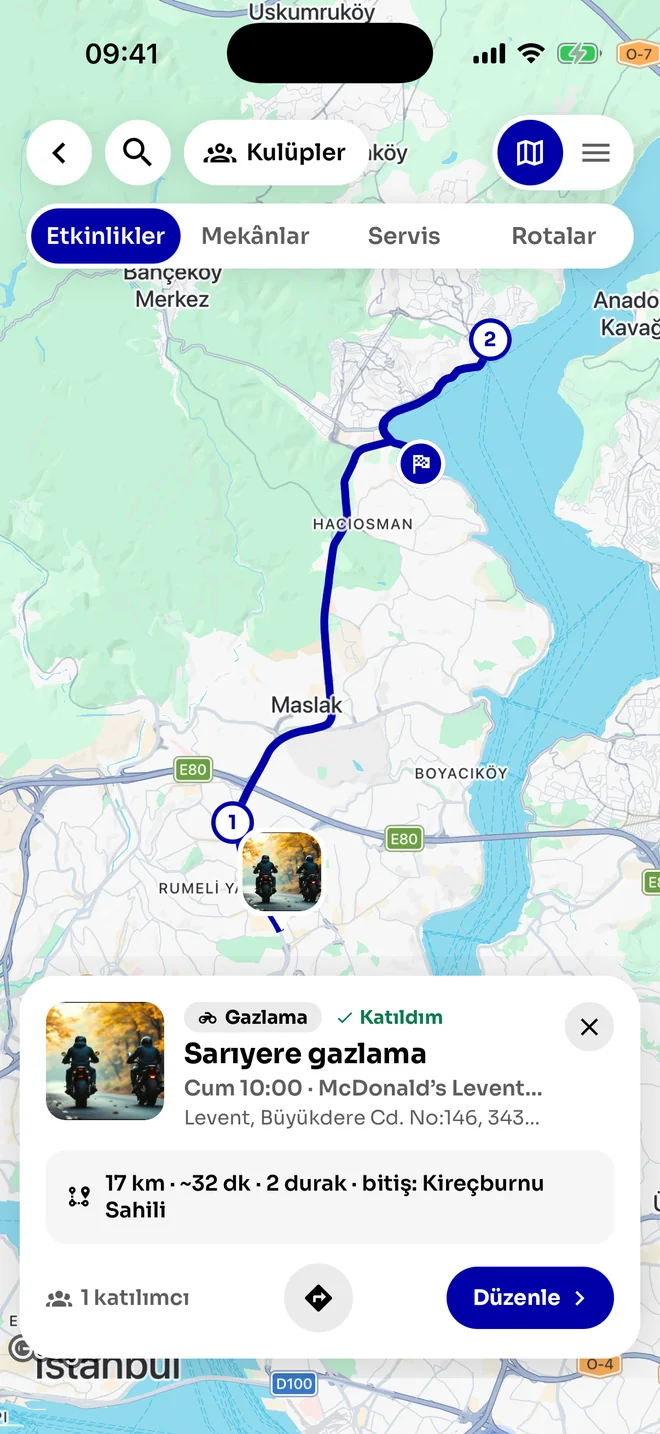 Harita ekranı: Sarıyer gazlama rotası, duraklar ve etkinlik kartı