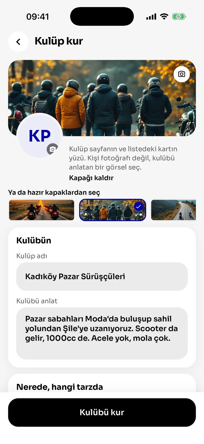 Kulüp kurma ekranı: kapak, ad ve açıklama