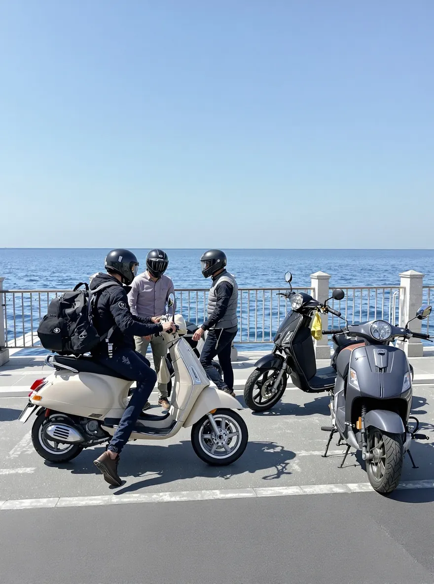 Sahilde motorlarının yanında sohbet eden üç kasklı sürücü