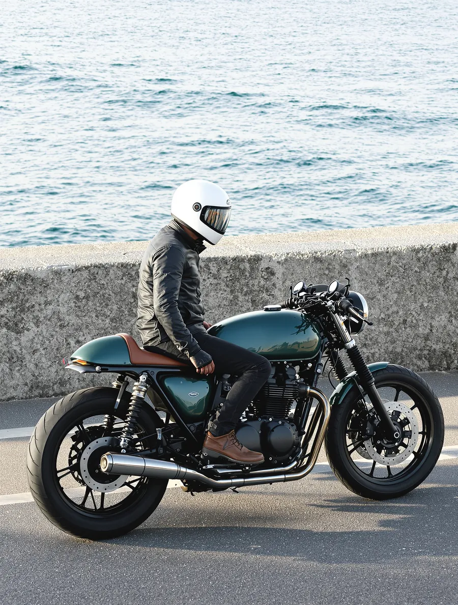 Sahil duvarı önünde klasik cafe racer